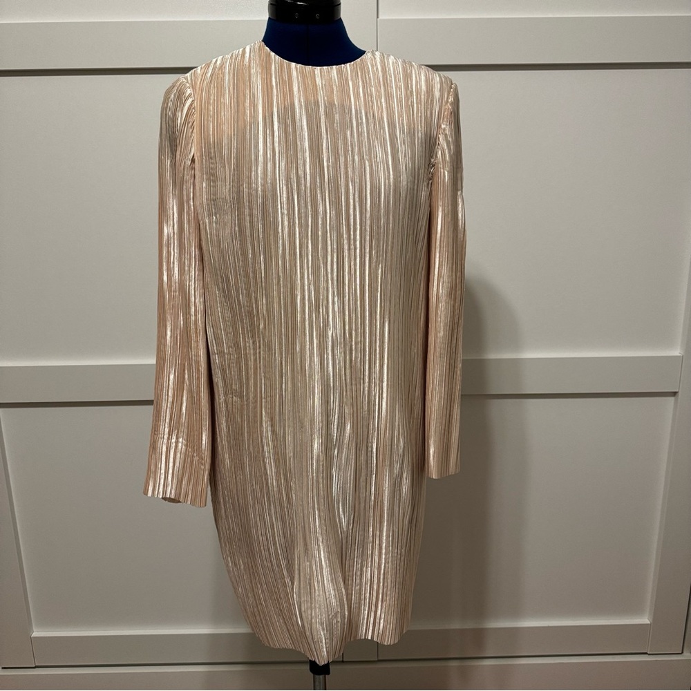 Pale gold pleated long sleeve dress